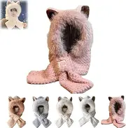 [Generic] Cute Fox Ears 2-in-1 Hat and Scarf, 2 in 1 Women Hooded Scarf Hat Fluffy Beanie Hats for Women, Cute Women's Fox Ear Plush Hat Scarf
