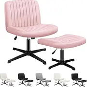 [ALFORDSON] Armless Criss-Cross Desk Chair with Ottoman Stool, Ergonomic Cross Leg Office Chair with Channel-Tufted Mid-Back Design, Tilt & Height Adjust and Swivel, 180kg Max, Xavi Velvet Pink