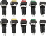 YINETTECH 10pcs 12mm On Off Latching Square Push Button Switch SPST Latching Push Button Switch 250V/3A for Auto Electronics, Black White Yellow Green Red