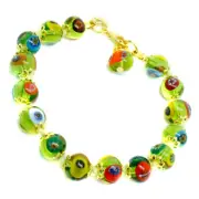 Murano Glass Bracelet Green Multi Gold Millefiori Venice 15 Beads