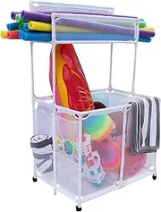 Essentially Yours Pool Storage Equipment Organizer Holder - Noodles, Toys, Balls and Floats Mesh Rolling Double Decker Bin, Large with Noodle Holder, (35.3" W x 23" L x 59.4" H), White Style 561935