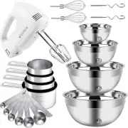Hand Mixer Electric Mixing Bowls Set, 5 Speeds Handheld Mixer 4 Nesting