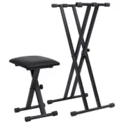 Double Braced Keyboard Stand Stool Set Portable Music Bench Chair Seat Black
