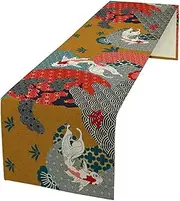 ShiTingYu Japanese Koi Table Runner, Luxury Asian Style Oriental Line Art Abstract Geometry Cherry Blossoms Wave Traditional Elements Table Runner for Kitchen Home Party Dinner Set, 13x36 Inch