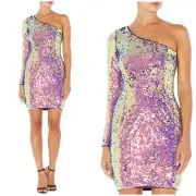 Aidan Mattox Iridescent Sequin One Shoulder Mini Cocktail Dress Size 4 NWT