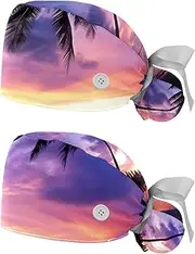 [YTYVAGT] 2-Pc,Nurse Scrub Caps,Scrub Hats with Buttons and Cotton Sweatband,Tropical Palm Beach Sunset