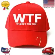 WTF WHERE'S THE FISH FUNNY EMBROIDERED RED HAT WITH HOOK PIN .