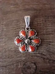 Zuni Indian Jewelry Coral Rosette 6 Stone Pendant - Dosedo