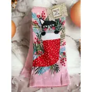 NWT Pink Christmas Black & White Tuxedo Cat in Stocking Cats Kitchen 2 Towel Set