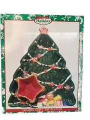 New Vintage World Bazaar’s Christmas Tree Platter Chip Dip Condiments NIB
