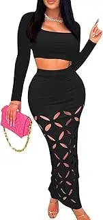 [MOEENCN] Skirt Sets Women 2 Piece Outfits Burnt Floral Hollow Out Square Collar Slim Long Sleeve Bodycon Dress Sexy Going Out