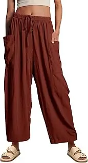 HOTIAN Women Wide Leg Pants Summer Casual Beach Loose Fit Drawstring Palazzo Harem Pant with Pockets