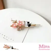 在飛比找momo購物網優惠-【MISA】韓國設計唯美粉色花朵可愛貓咪造型髮夾(可愛髮夾 