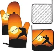 4 pcs Oven Mitts and Pot Holders Set 500°F Heat Resistant Oven Gloves and Hot Pads Kitchen Mittens Sun Karate Silhouette Cooking Gloves Potholders for Baking Grilling
