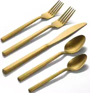 Alata Cube Gold 20-Piece Flatware Set, Forged Cutlery Set, Matte Gold Silverware