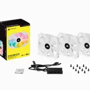 Corsair White SP120 RGB ELITE, 120mm RGB LED PWM Fan with AirGuide, Triple Pack with Lighting Node CORE (LS)