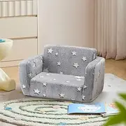 Playpals Kids Sofa Couch 2-in-1 Kids Flip Out Sofa, Convertible Sofa Bed to Lounger with Cute Star Designs, Glow in The Dark, Removable Washable Cover, Kids Couch for Kids Girls Boys, Grey