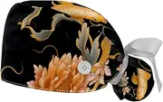 [YTYVAGT] 2-Pc,Gourd-Shaped Working Cap,Fisherman Hat with Buttons and Cotton Sweatband,Abstract Fish and Flower Pattern