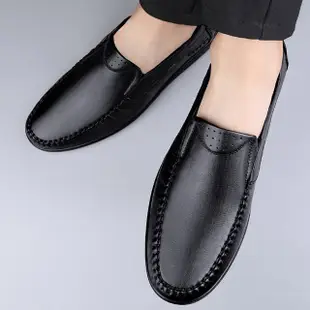 【ANSEL】真皮皮鞋 平底皮鞋/真皮頭層牛皮手工縫線舒適平底休閒皮鞋-男鞋(黑)