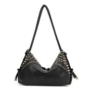 Womens Hobo Studded Rivet Tote Messenger Handbag Shoulder Bag Black