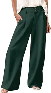 [Generic] Linen Pajamas Women Casual Loose Wide Leg Pants for Women Elastic Waist Palazzo Pants Trousers with Pockets Plus Size Yoga Pant (Black, L)