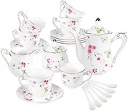 [fanquare] 21 Piece Porcelain Tea Set for Adults, Coffee Service for 6, White Tea Party Set with Pink Flowers, Green Butterflies