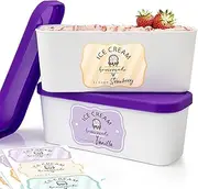 ZICOTO Set of 2 Reusable Ice Cream Tub Containers 1.6 Quart Ea. - Perfect for Homemade Sorbet, Frozen Yogurt Or Gelato - Stackable Storage Containers, Stickers And Lids Stores Easily In Freezer