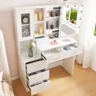 Large Dressing Table White With LED Lighted Mirror Makeup Desk 6 Drawers Storage