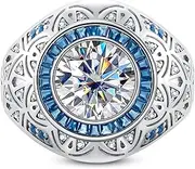 [CannyCat] Bezel Set 3.0 carat Moissanite Ring for Men Moissanite Solitaire Cocktail Rings VVS D color Lab Created Diamond Blue Sapphire Engagement Anniversary Wedding Platinum Plated Silver Wide Band
