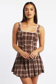 Beige Check Corset Top Sleeveless Scoop Neck Picot Trim Detail - Size 14L, Women's Corset