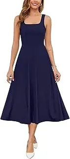 [Zattcas] Womens 2025 Spring Summer Square Neck Sleeveless Flowy Swing Midi Dress Wedding Guest Prom Cocktail Party Dress