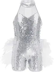 [YiZYiF] Girl's Halter Turtle-Neck Latin Ballet Feather Tutu Ruffles Sequins Jumpsuit Dress Ballroom Dance Party Costumes
