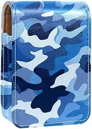 Lipstick Case,Leather Lip Gloss Lipstick Organizer with Mirror,Mini Lipstick Holder Bag,Blue Camouflage Seamless Pattern