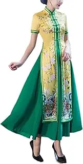 [HYJHHY] Prom Performance Wear Chinese Dress for Women 2 Pieces Retro Prints Polyester Spring Summer Ao Dai Vietnamese Dress Party Qipao Photo Shoot