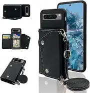 [ELISORLI] Phone Cover for Google Pixel 8 Pro 5G Wallet Case with Crossbody Shoulder Strap and Stand Leather Credit Card Holder Cell Accessories Pixel8Pro Pixel8 XL Eight 8Pro Girls Women Men Black