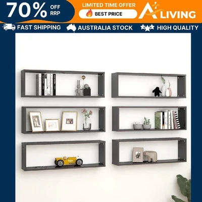 Wall Cube Shelves 6 pcs High Gloss Grey 80x15x26.5 cm Storage Display Unit 07132