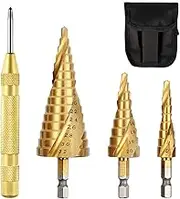 4 Pcs HSS Step Drill Bit Set, Titanium Coated High-Speed Steel Cone Drill Bit with 1/4" Hex Shank Drive for Plastic, Wood, Metal Sheet, Aluminum Hole Drilling