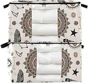 Amooorous Bohemian Feather Eyes Star Beige 60/95 L zippered shoe storage with Reinforced Handles, clear window bed sheet organizer for Clothing, Blanket, Bed Sheets, Pillows