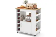 Giantex Kitchen Island Cart Rolling Buffet Cabinet Serving Trolley w/Bamboo Top/Towel Rack/Wine Rack/Spice Rack White