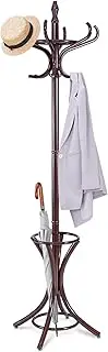 Aussie Choice Coat Rack w/ 12 Hooks, Farmhouse Style Solid Wood Clothes Stand, Free-standing Jacket Stand w/Umbrella Holder, Load Up to 10 kg Per Hook, for Living Room (Rust Brown)