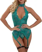[JINZIJINYU] Babydoll for Women Tights Sexy Lingerie Halter Neck Backless Pajamas Garter Belt Lace Sexy Bodysuit