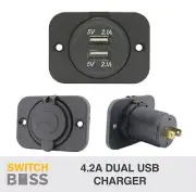 Dual USB Charger 4.2A No LED with Flush Mount Panel Power Outlet Socket 12v 24v