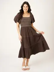 Womens Cotton Crinkle Shirred Bust Dress 14 BROWN (SOLID)