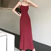 Spaghetti Strap Plain Maxi A-Line Dress Wine Red - S