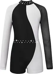 [TiaoBug] Kids Girls Colorblock Rhinestone Mock Neck Ballet Dance Leotard Unitard Gymnastics Jumpsuit Biketard