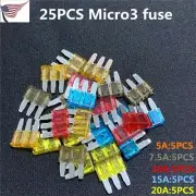 25PCS Micro3 Fuse ATL Car Blade Fuses Assortment Kit 3 Prong Micro Blade