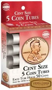 Centy Size - 5 Round Plastic Coin Tubes with Screw Lid by Whitman - #28840