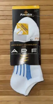 New PowerSox APF Men's Cushion Low-Cut Socks White/Blue Striping footbed