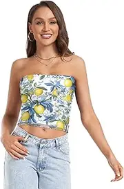 [RPLIFE] Yellow Lemons Blue Flowers Womens Tube Top Sheer Tube Tops, Women Strapless Top, Tube Tops for Women Summer (S)