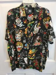 NWT Ed Hardy Collared Button Shirt Skull Roses Tiger Geisha Eagle USA Flag Sz L